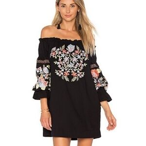 Free People Black Boho Goth Embroidered Whimsical Off The Shoulder Mini Dress M